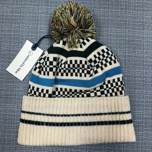NWT UNITED BY BLUE Recycled Novelty Pom Beanie Shortbread Ribbed Wool Blend Hat - Picture 5 of 9